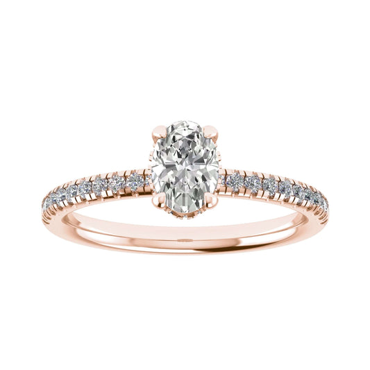 luxury oval rose gold diamond set shoulders hidden halo lab grown diamond engagement ring