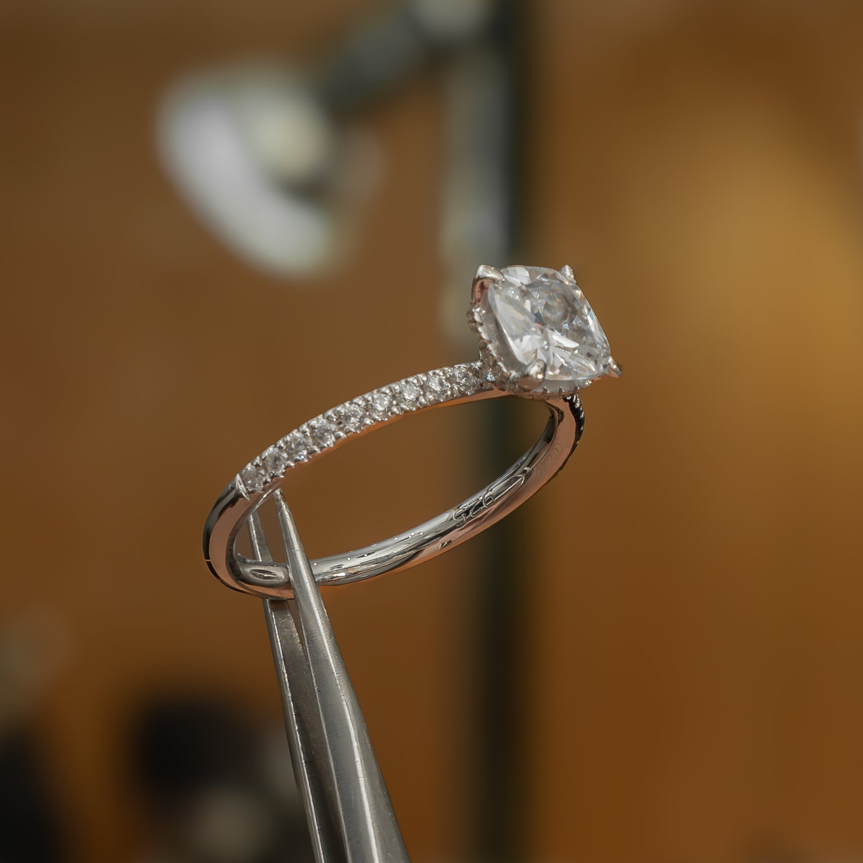 Cushion White Gold Lab Grown Diamond Set Shoulders (Hidden Halo)