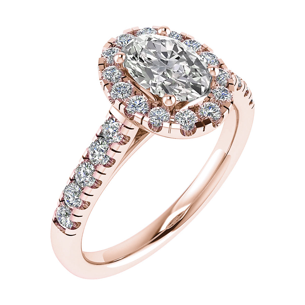 luxury rose gold diamond set shoulders halo lab grown diamond engagement ring frontal side image