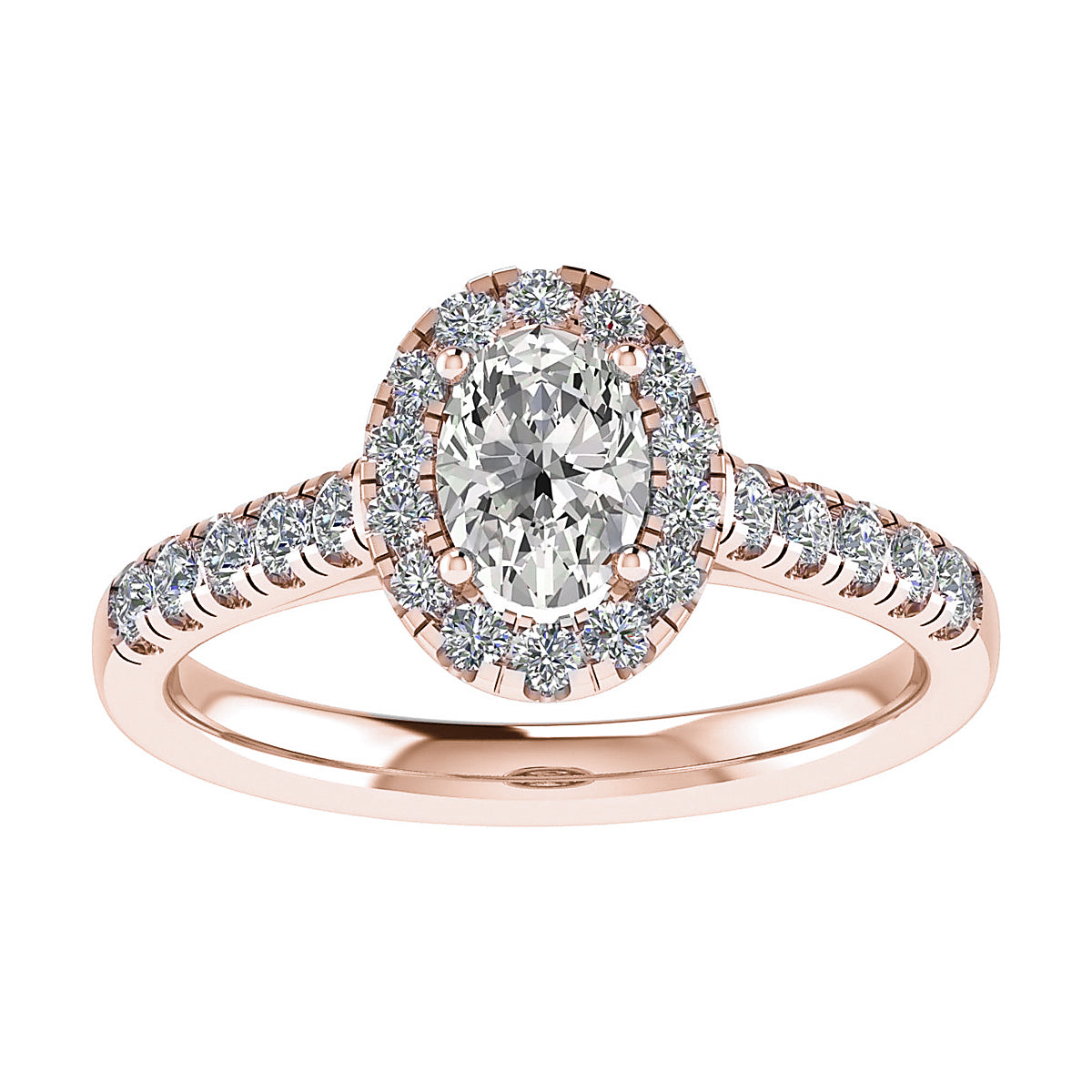 frontal view oval luxury rose gold diamond set shoulders halo lab grown diamond engagement ring