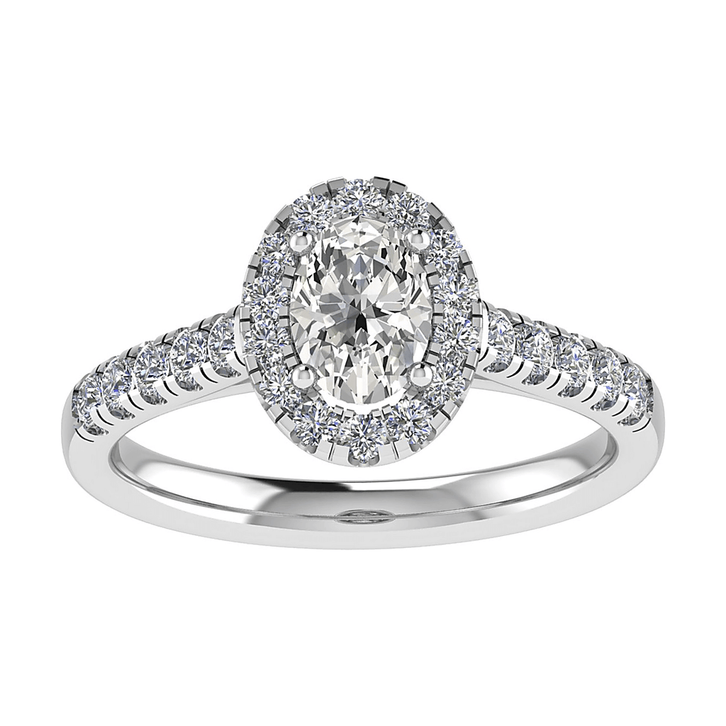 frontal view luxury oval white gold diamond set shoulders halo lab grown diamond engagement ring