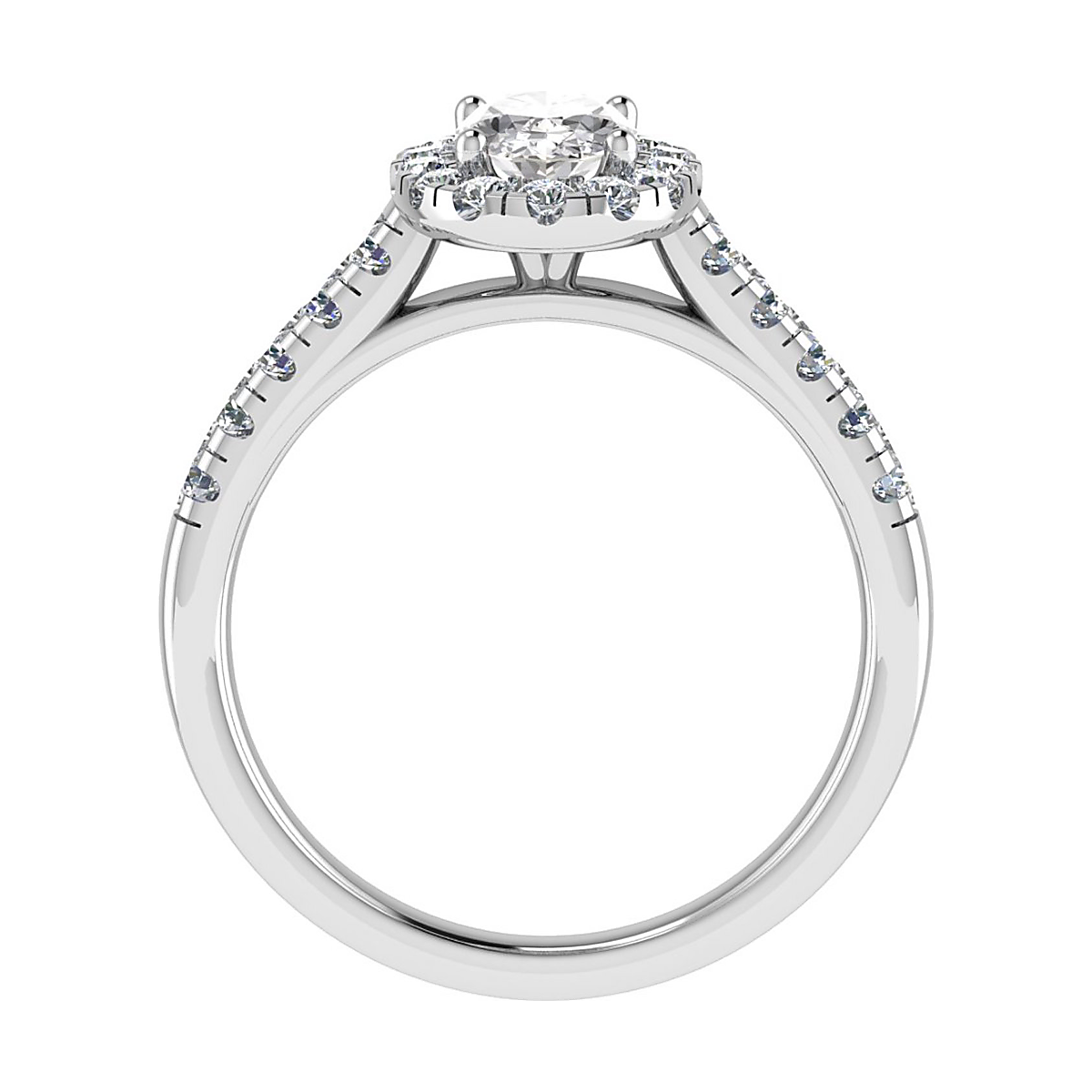 side image of luxury oval white gold diamond set shoulders halo lab grown diamond engagement ring