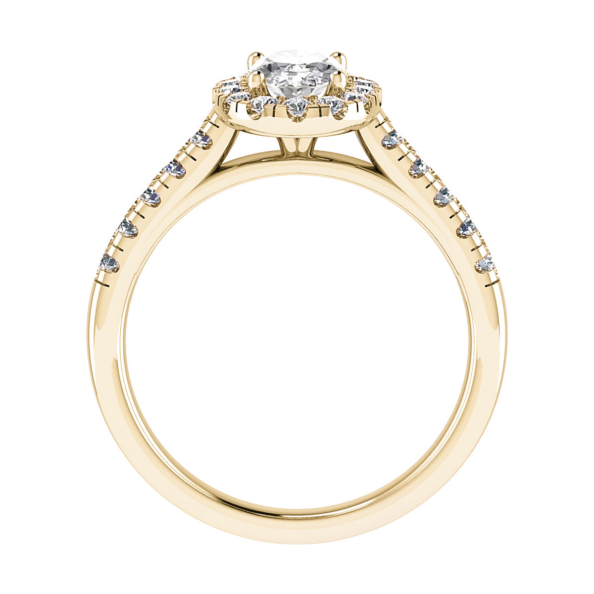 side image of luxury oval yellow gold diamond set shoulders halo lab grown diamond engagement ring