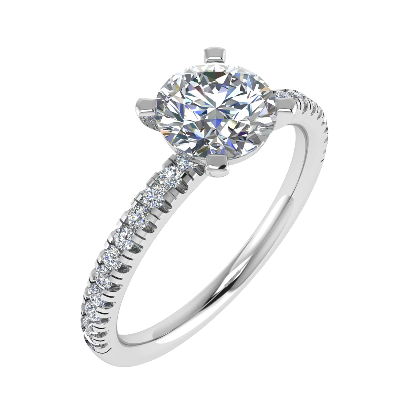 side image of round white gold diamond set shoulders lab grown diamond engagement ring