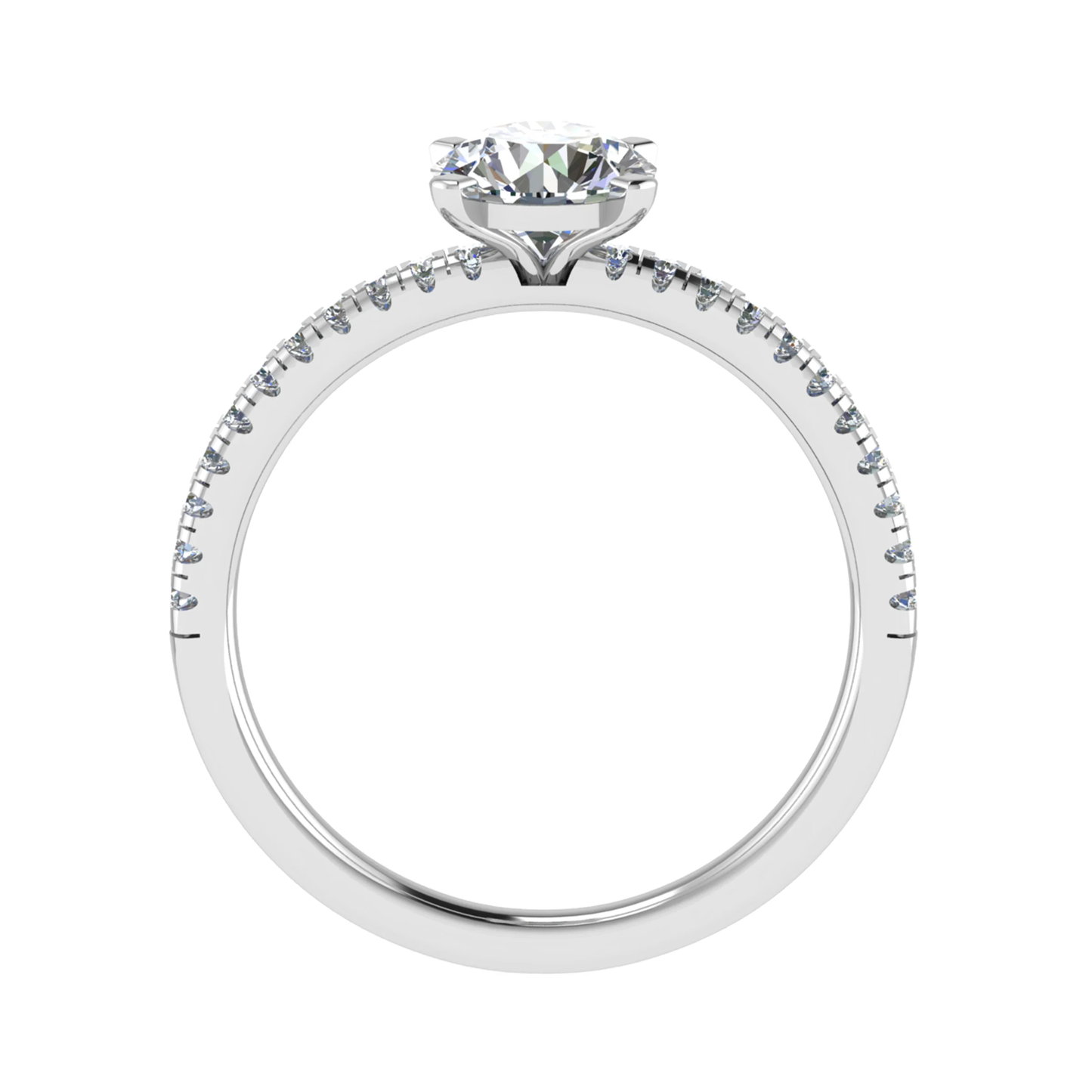 side view of luxury round white gold diamond set shoulders lab grown diamond engagement ring