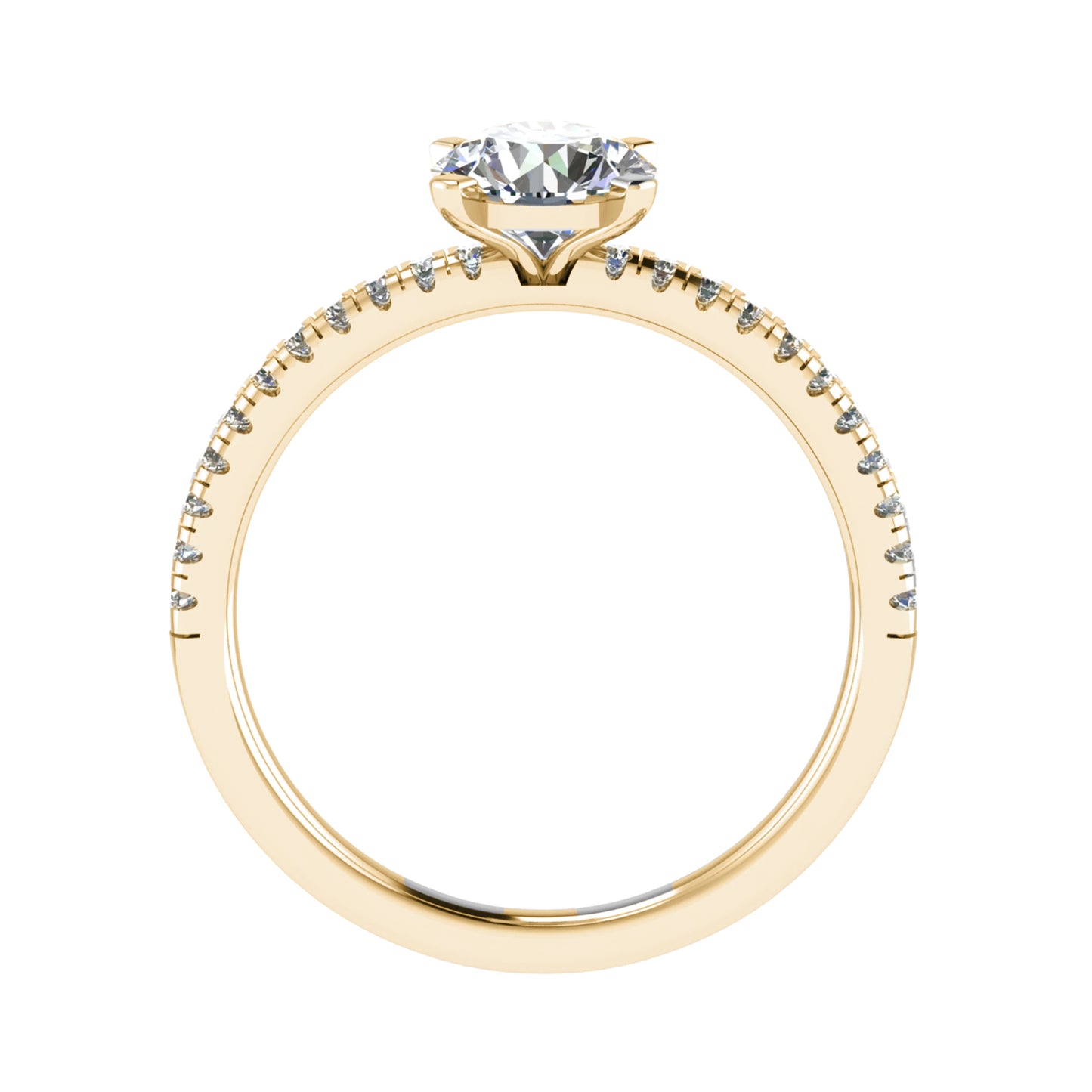 side view of luxury round yellow gold diamond set shoulders lab grown diamond engagement ring