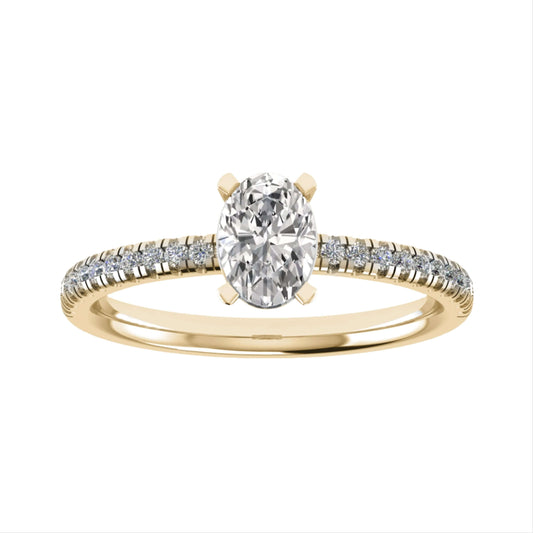 frontal image oval yellow gold diamond set shoulders lab grown diamond engagement ring