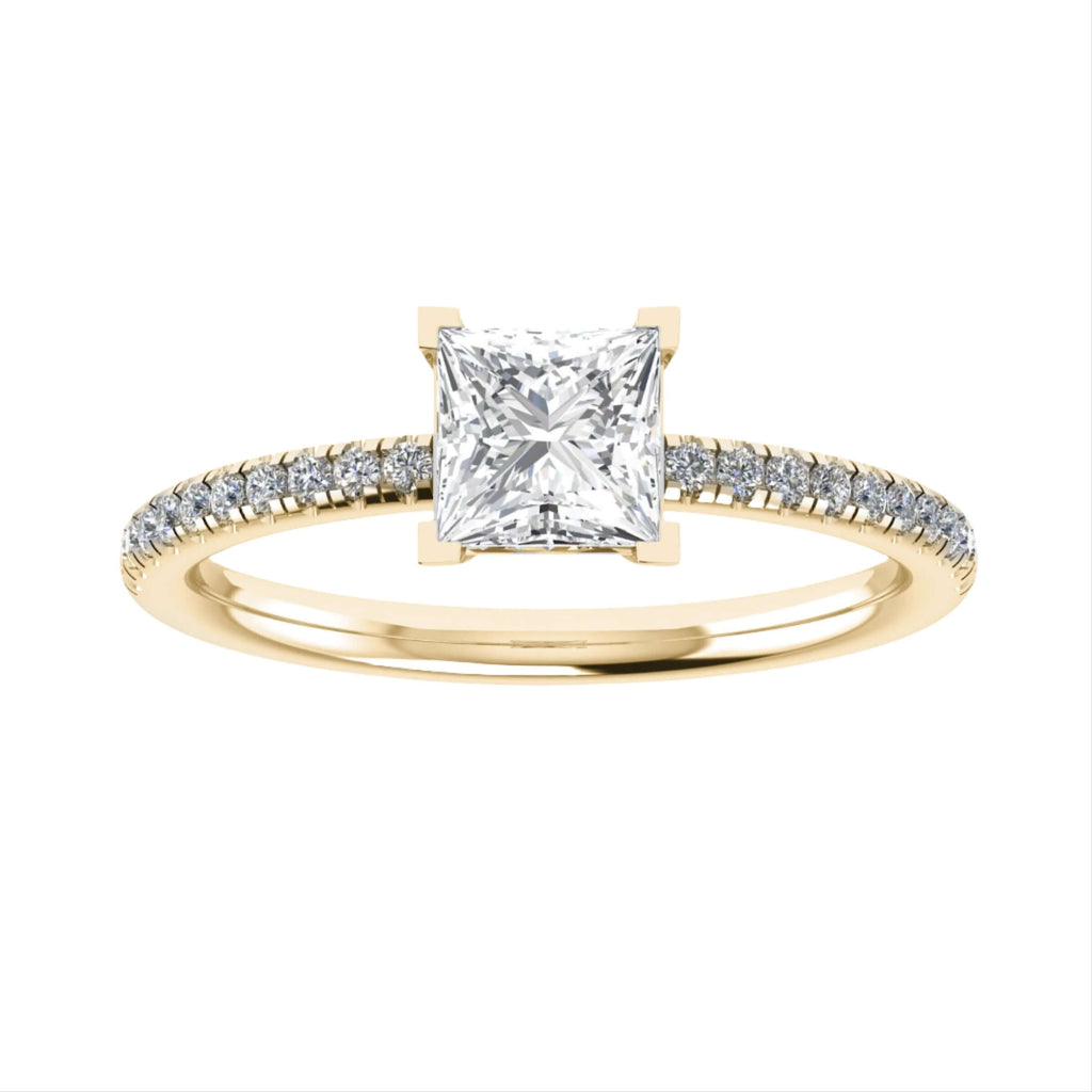 luxury princess yellow gold diamond set shoulders lab grown diamond engagement ring